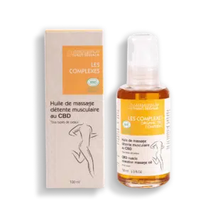 Packshot produit : huile de massage détente musculaire au CBD.
