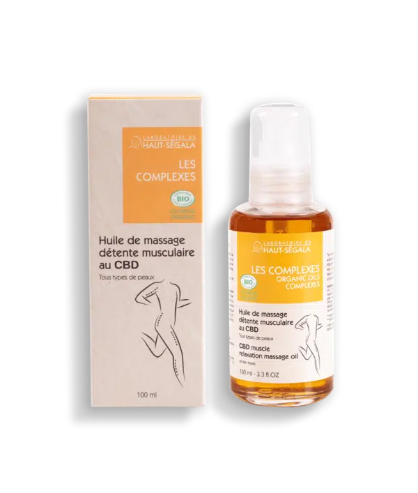 Packshot produit : huile de massage détente musculaire au CBD.